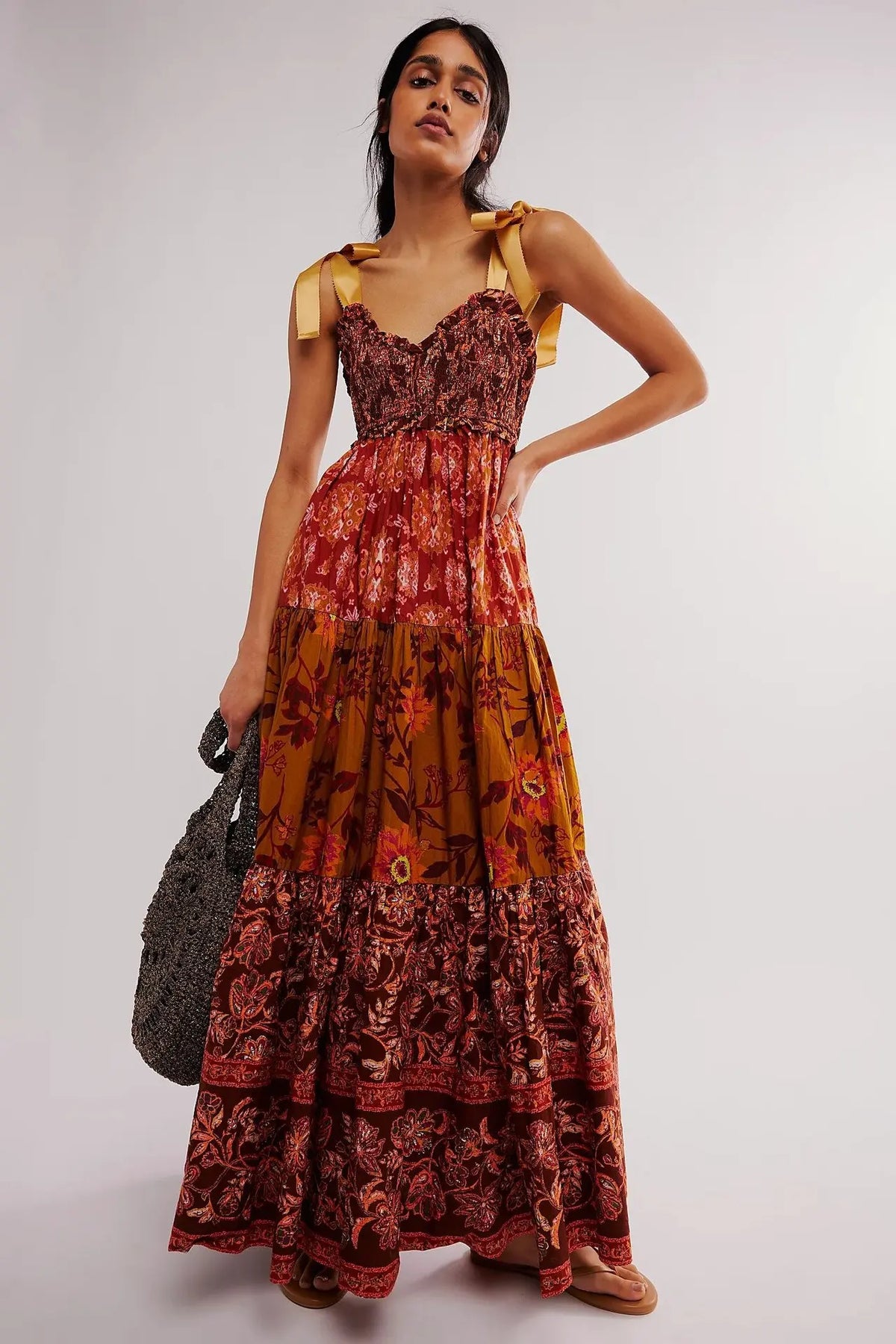 Shirring Chest Strap Floral Sleeveless Boho Dress