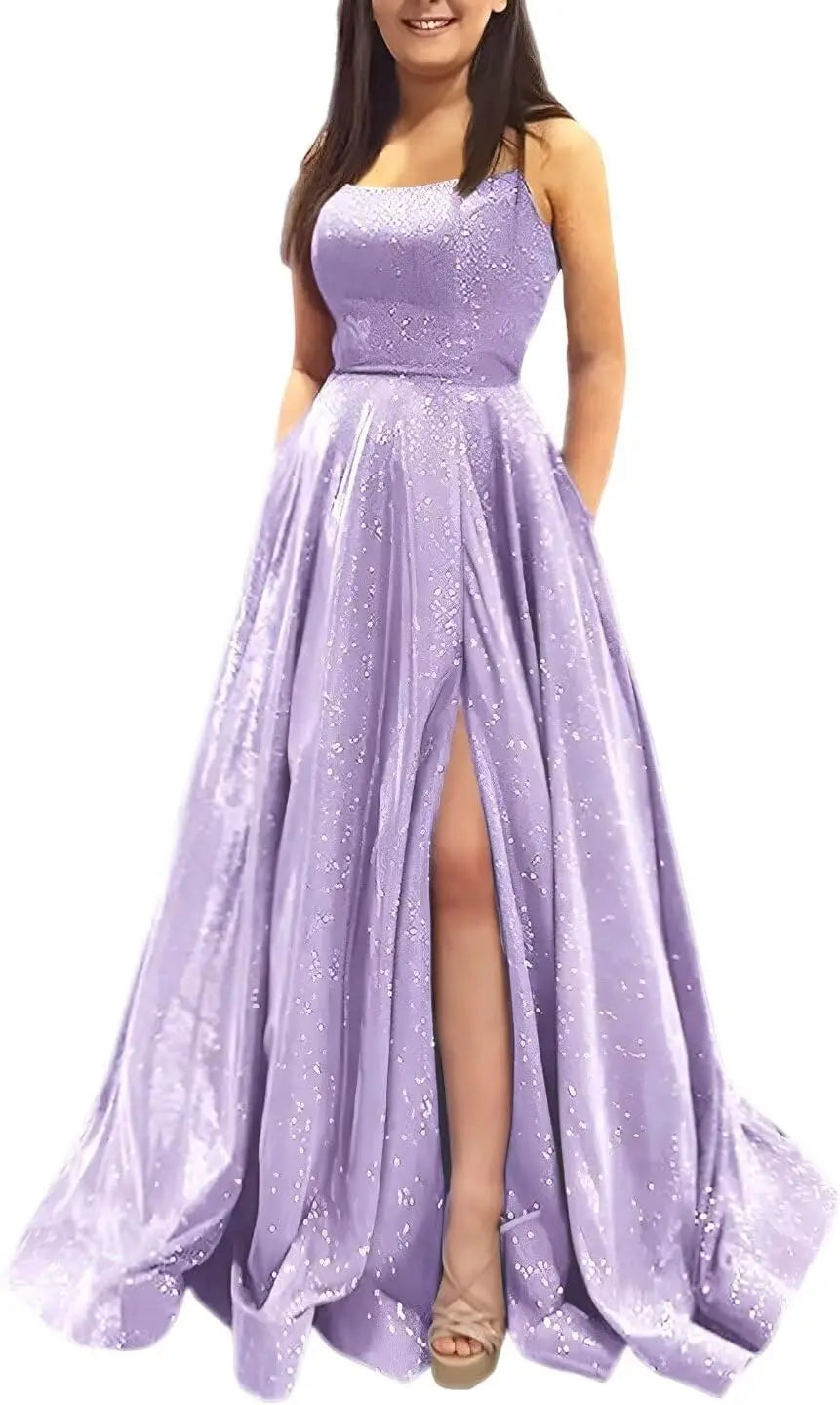 Elegant A-Line Formal Evening Gown with Pockets and Glitter - Fashionpara