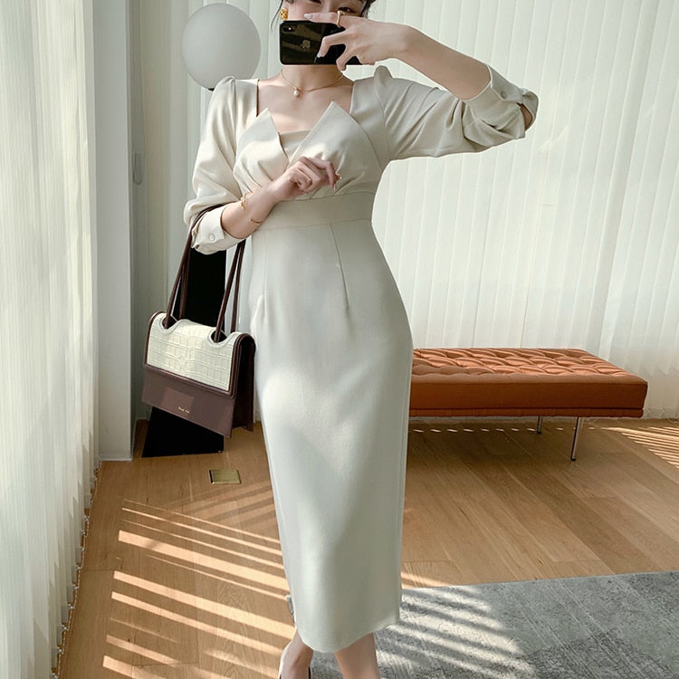 Satin Square Neck Long Sleeve Wrap Midi Dress - View 15