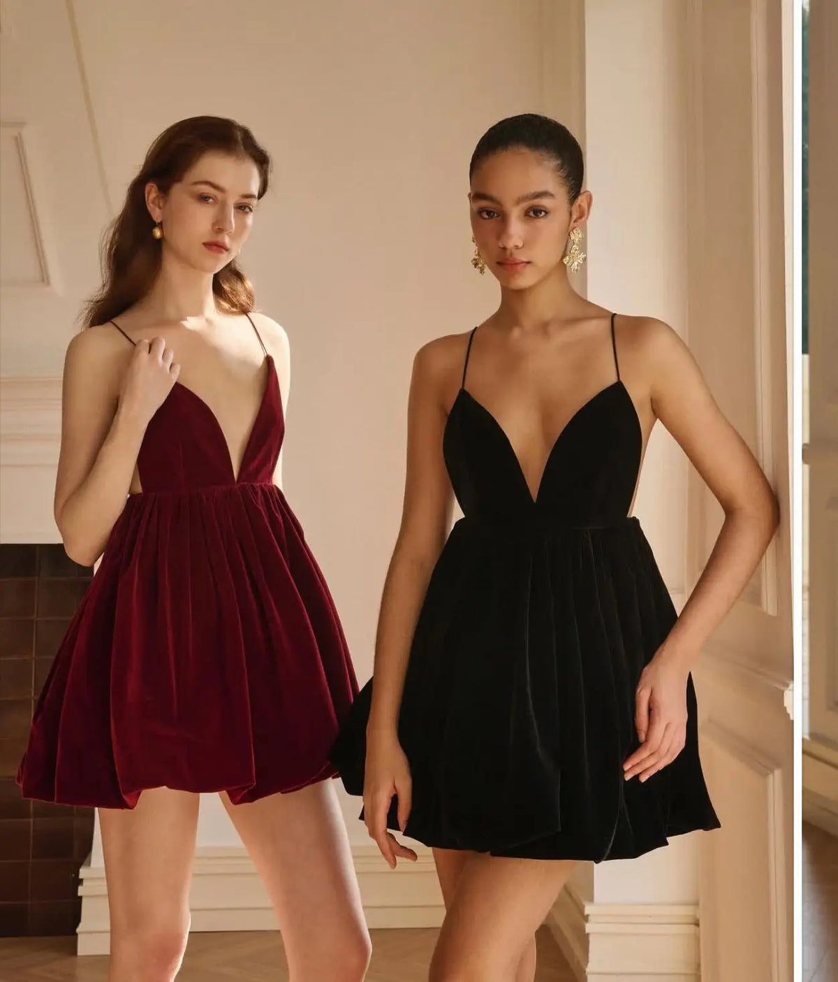 Velvet Deep V Neck Mini Lantern Dress - View 7