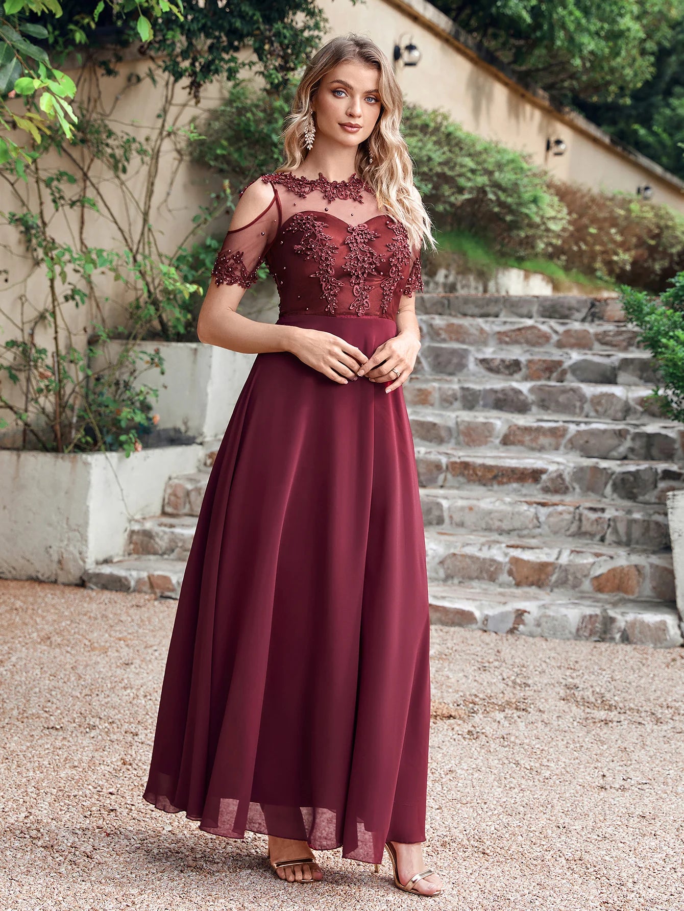 Burgundy A-Line Evening Dress with Illusion Lace Detail - Fashionpara