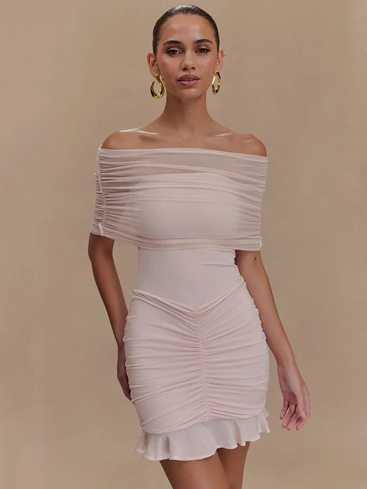 Mesh Strapless Ruffled Mini Bodycon Dress