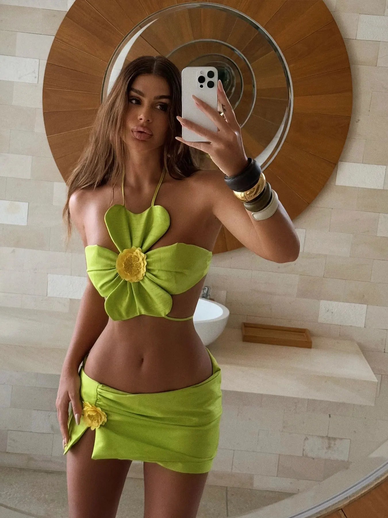 Bandage 3D Flower Skirt Three Piece Swimsuit
