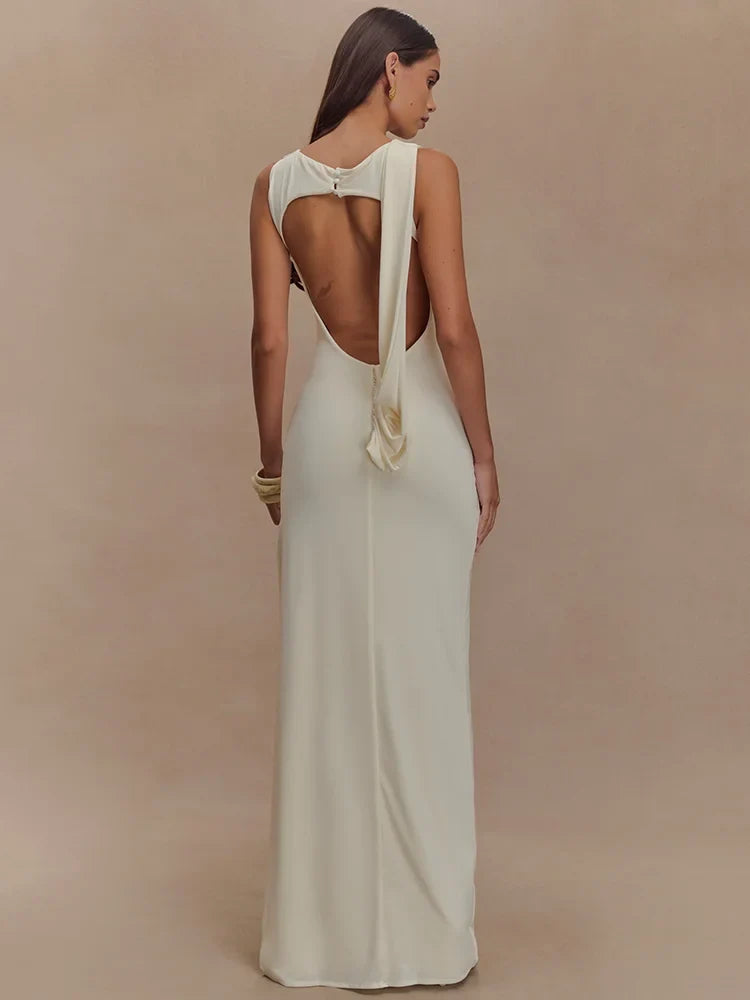 Ruched O Neck Split Maxi Bodycon Dress