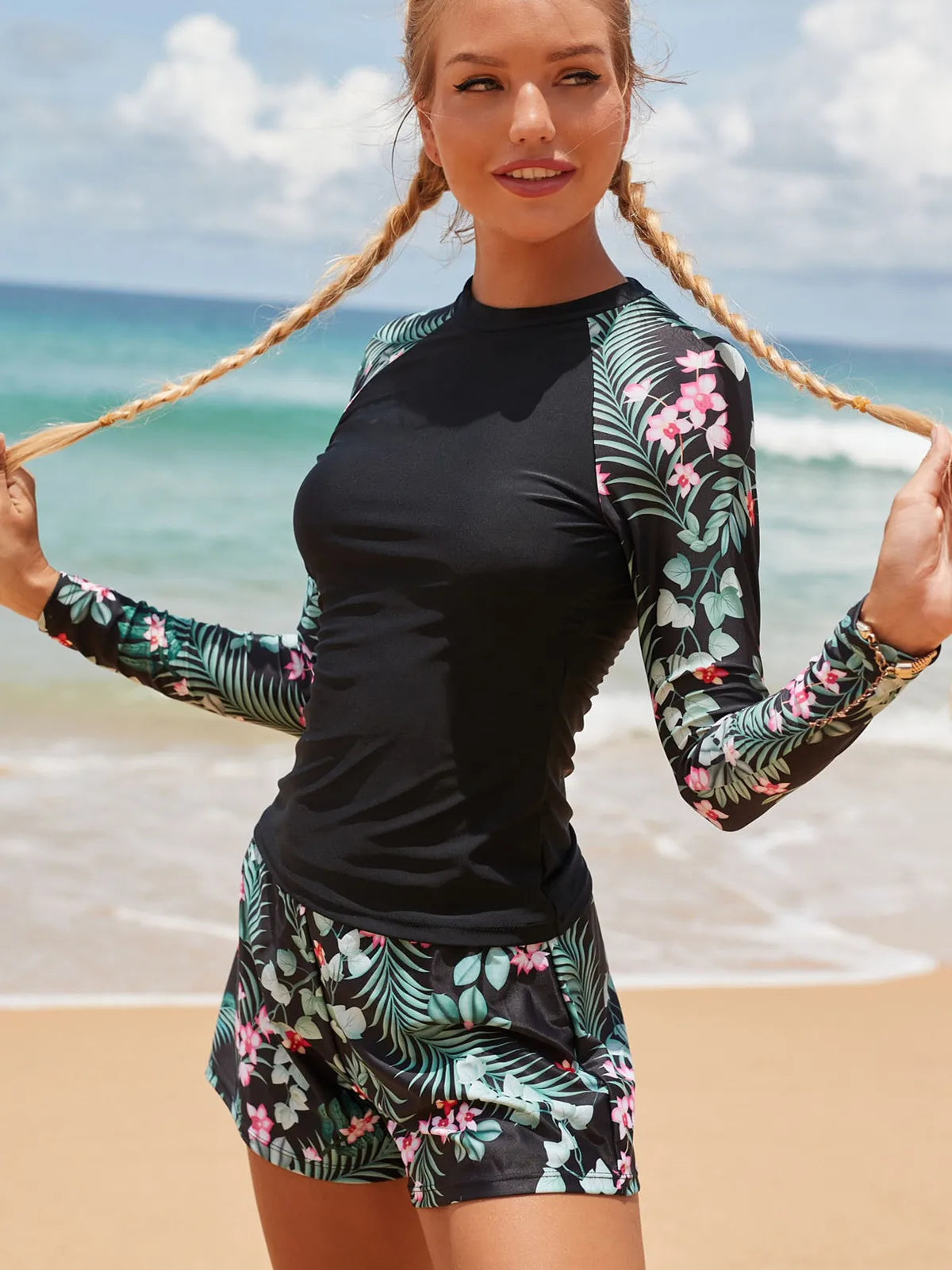 Long Sleeve Print Diving Suit Two Piece Set
