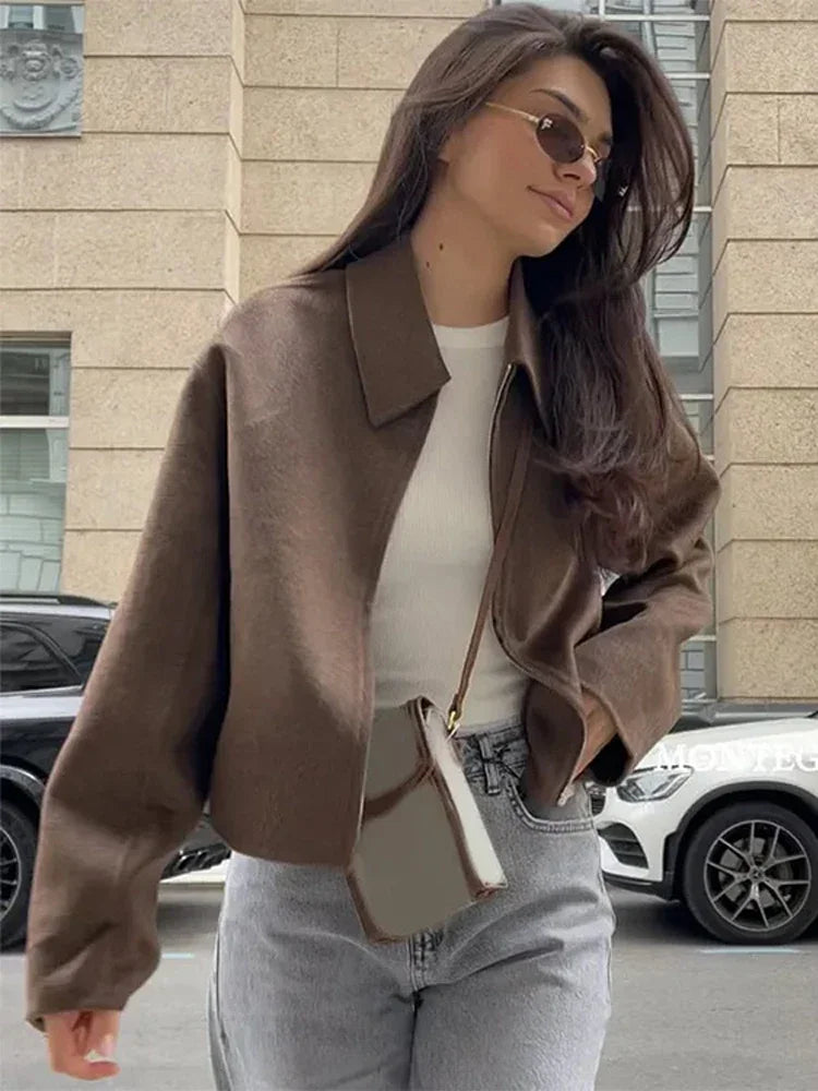 Brown Woolen Zipper Short Coat