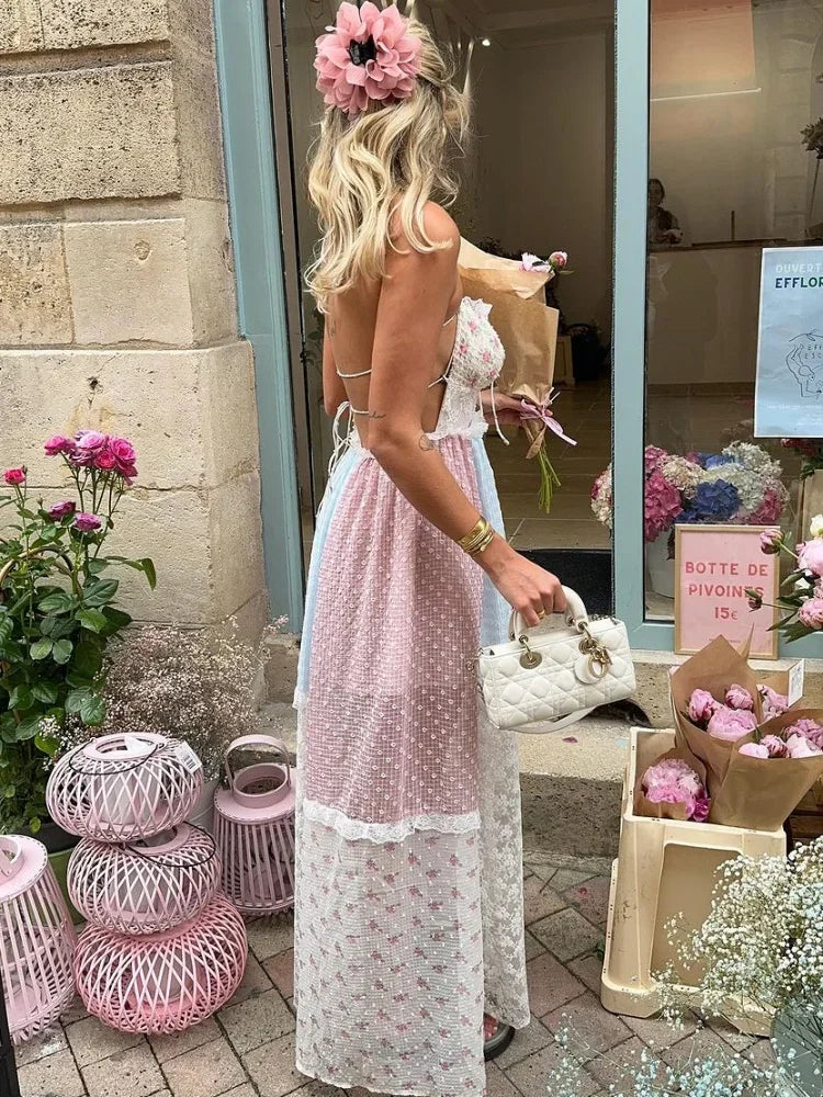 Printed Lace Halter Backless Spaghetti Strap Summer Dress - View 4