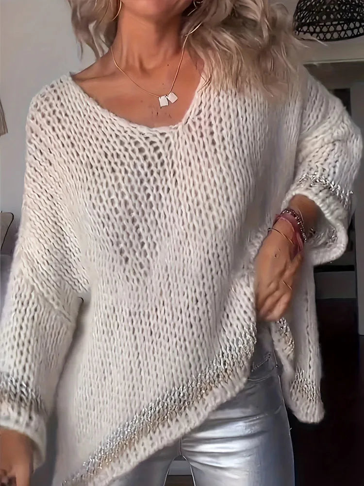 Fashionpara Elegant Color Block V-Neck Knit Sweater for Women