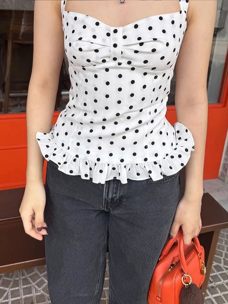 Polka Dot Bandage Ruffles Backless Halter Cami Top