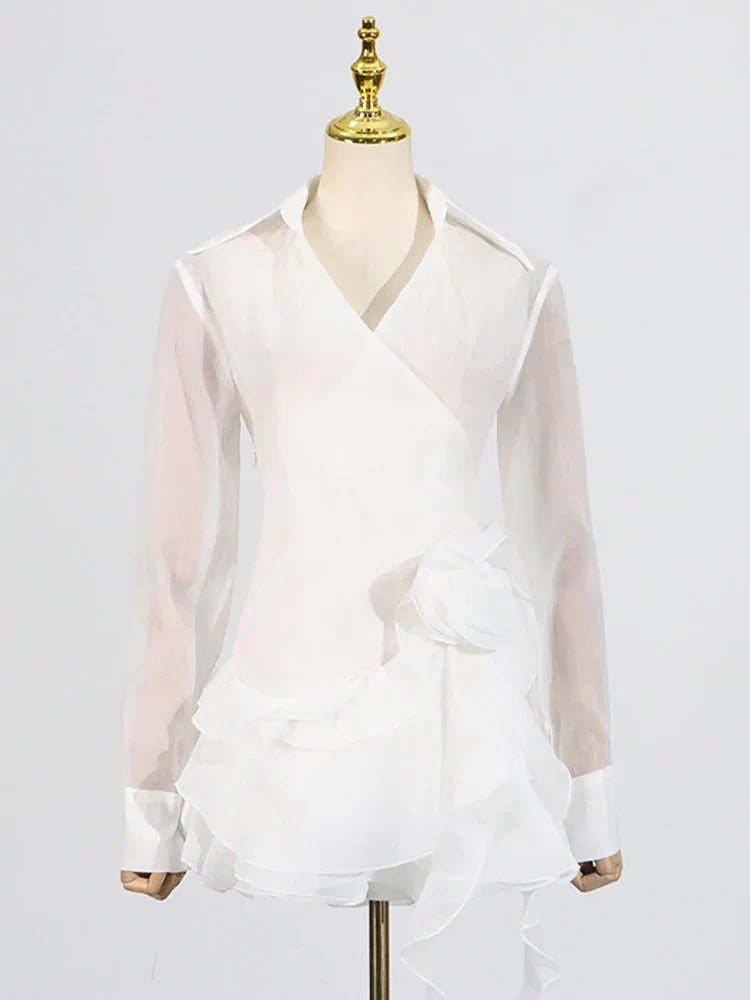 Sheer Long Sleeve Wrap Shirt Collar Rosette Tiered Ruffle Mini Dress - View 7