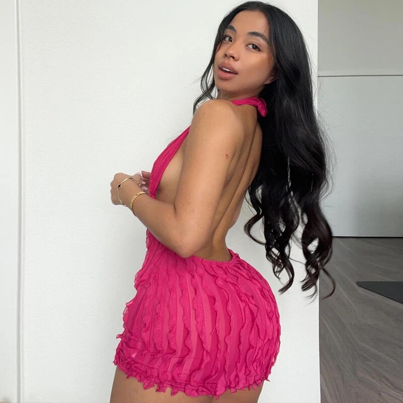 Halter Neck Plunge Backless Textured Mini Dress 10