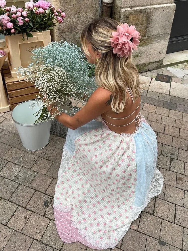 Printed Lace Halter Backless Spaghetti Strap Summer Dress - View 2