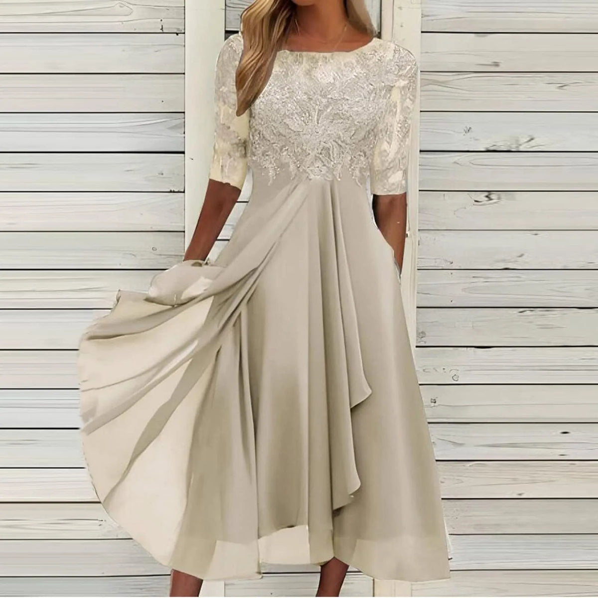 Lace Bodice Sheer Yoke Elbow Sleeve Pocket Pleated Chiffon Midi Dress - View 2