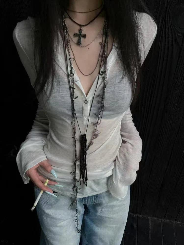 Hooded See Through Long Sleeve Sheer Top