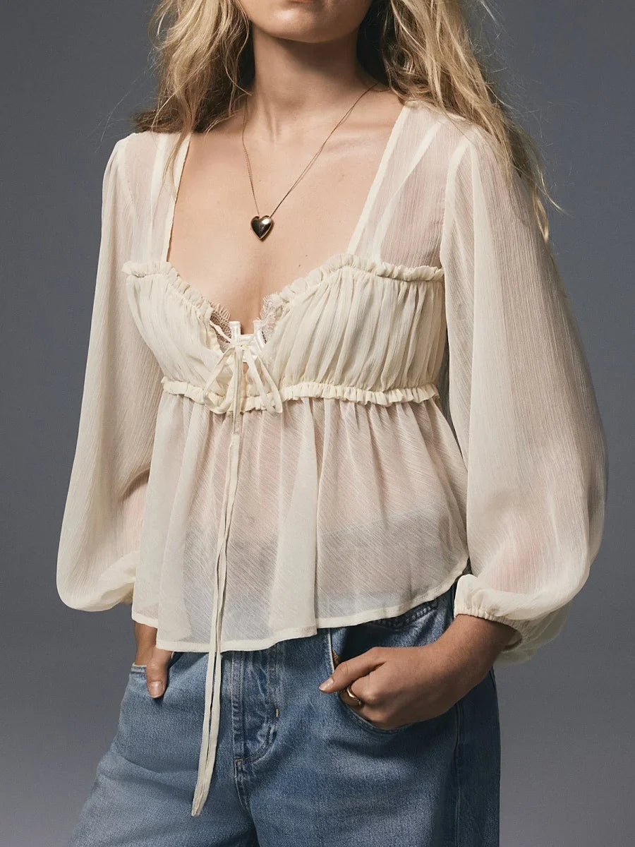 Women Ruffle Lace Chiffon Tie Chiffon Blouse