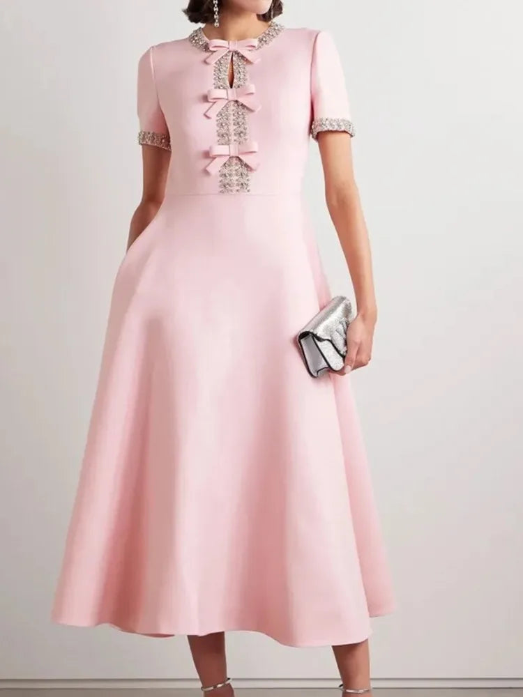 Rhinestone Trim Bow Detail Keyhole Neck Short Sleeve A-Line Midi Dress