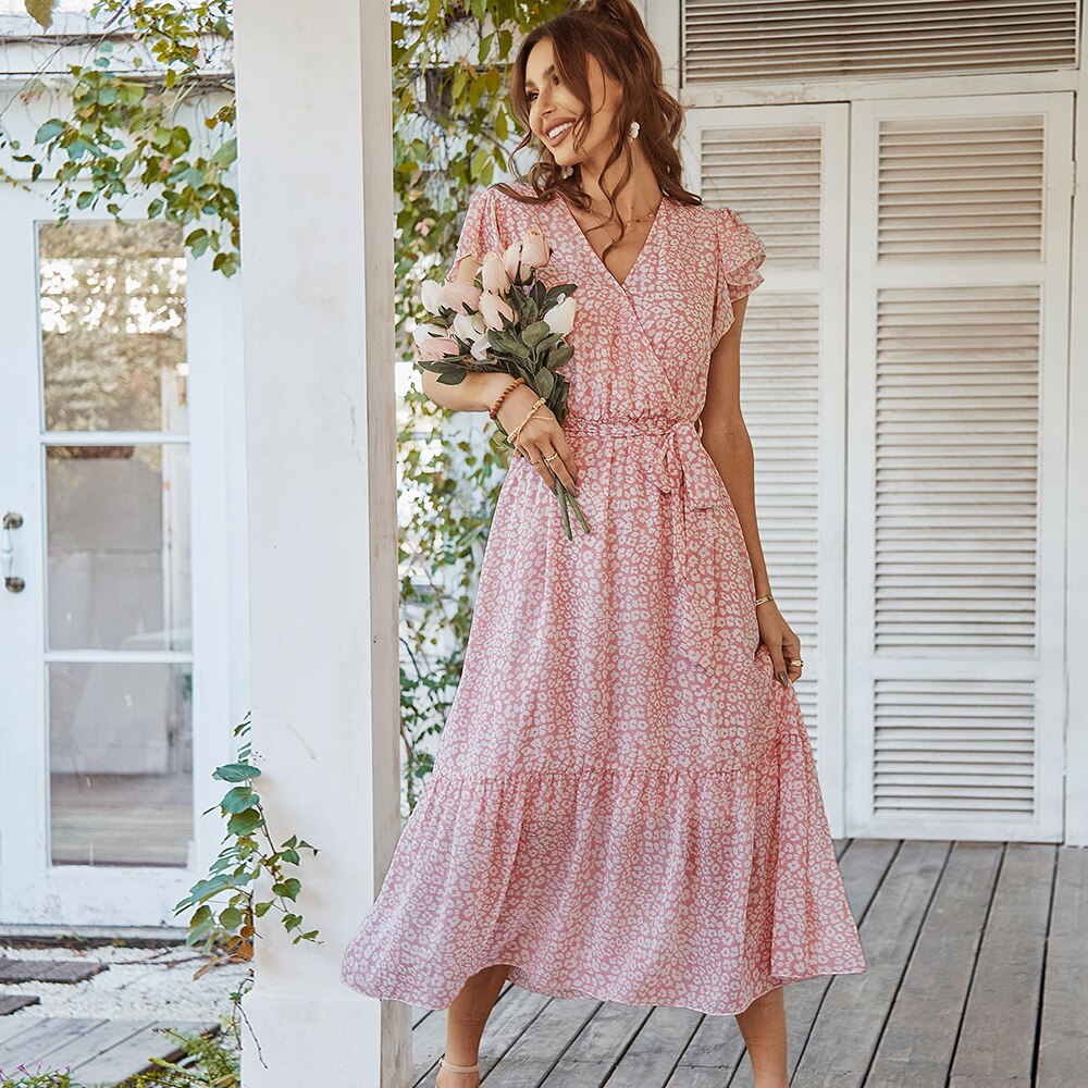 Floral Print V-Neck Flutter Sleeve Tiered Midi Dress