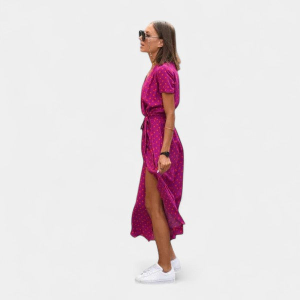 Floral V-Neck Short Sleeve Belted Wrap High Low Midi Dress 7
