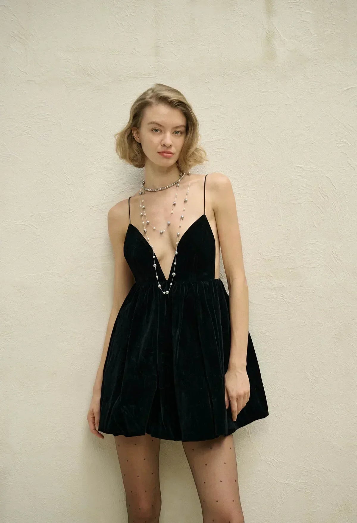 Velvet Deep V Neck Mini Lantern Dress - View 8