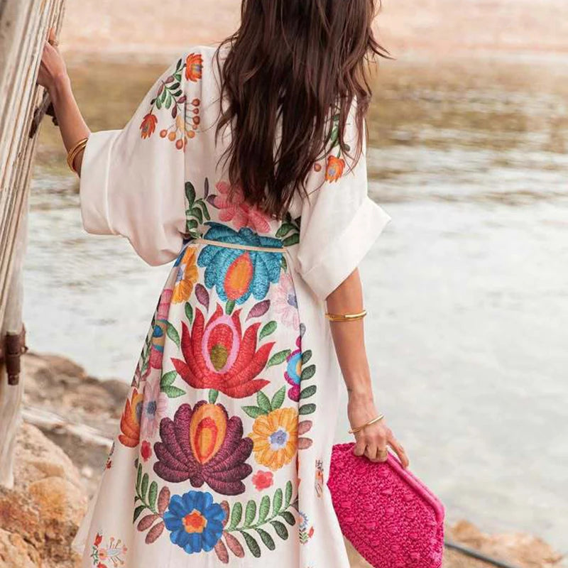 Elegant Vintage Patterned Loose Shirt Dress with Split Hem