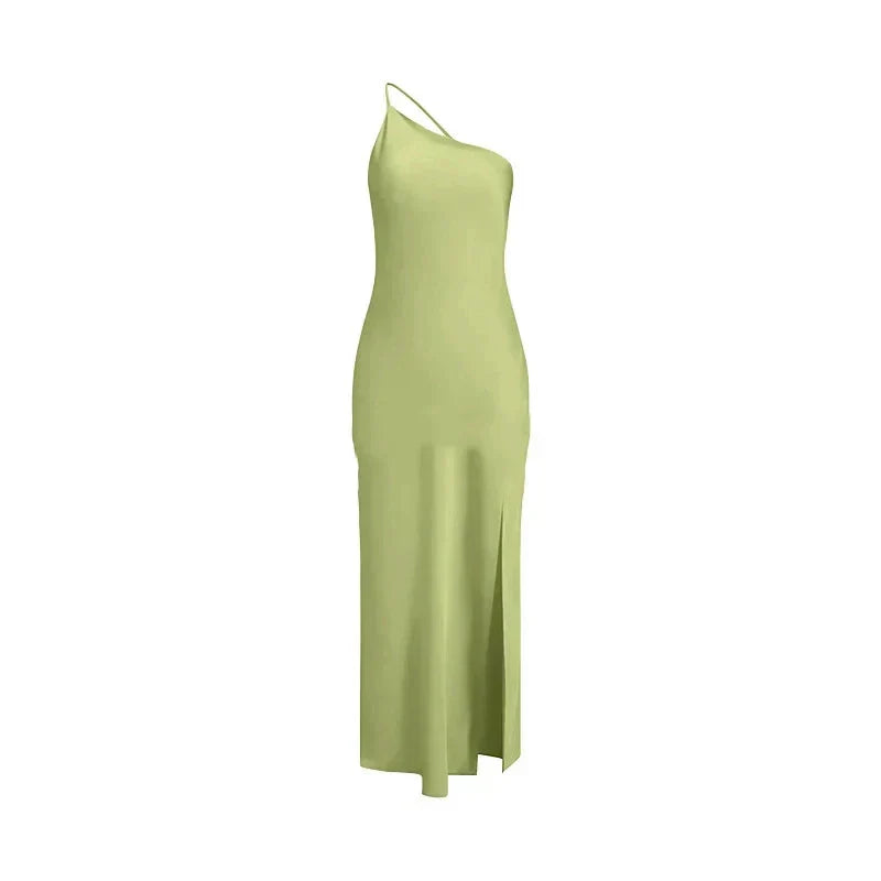 Backless Satin Slant Shoulder Solid Slit Long Dress - View 21