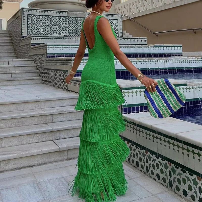 Elegant High Waist Knit Maxi Dress with Tassel Detail