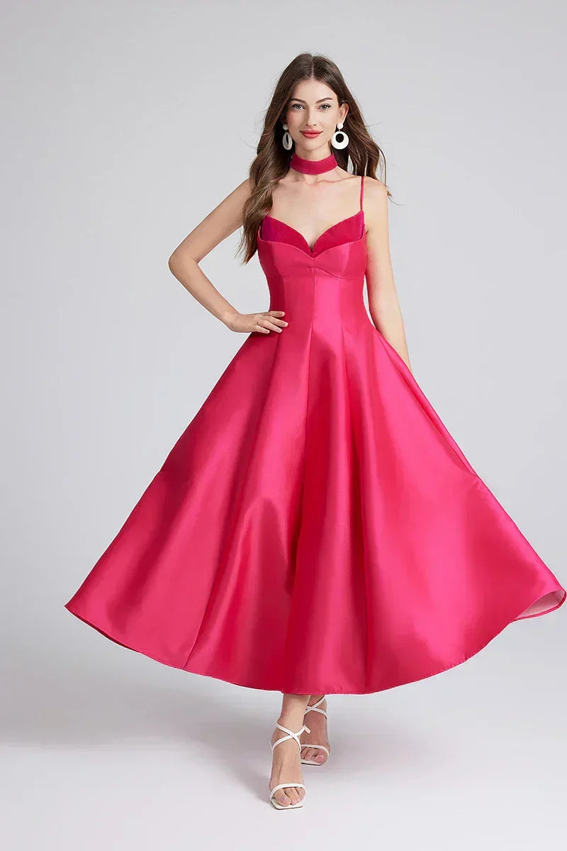 Satin Sweetheart Spaghetti Strap Fit and Flare Midi Dress