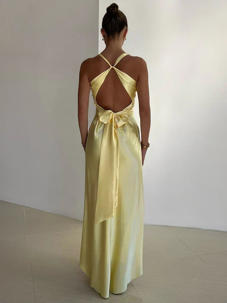 V Neck Sleeveless Satin Bow Backless Maxi Dress - View 3