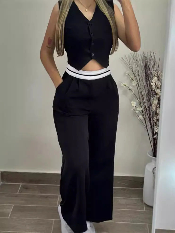 V-Neck Pocket Straight Pant Suit