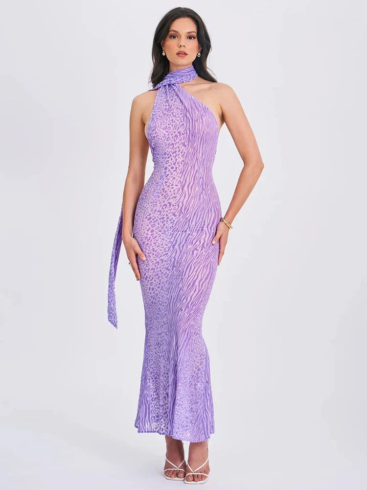 One Shoulder Neck Scarf Tie Animal Print Bodycon Mermaid Maxi Dress - View 5