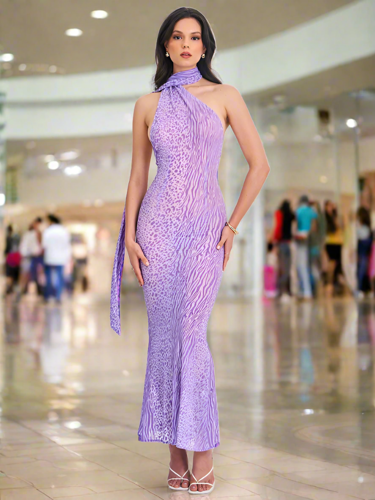 One Shoulder Neck Scarf Tie Animal Print Bodycon Mermaid Maxi Dress