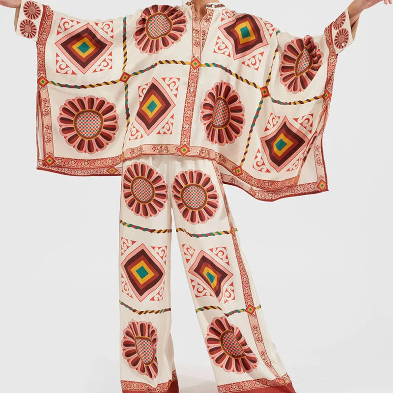 Elegant Women's Long Sleeve Button Shirt and Wide Leg Pants Set