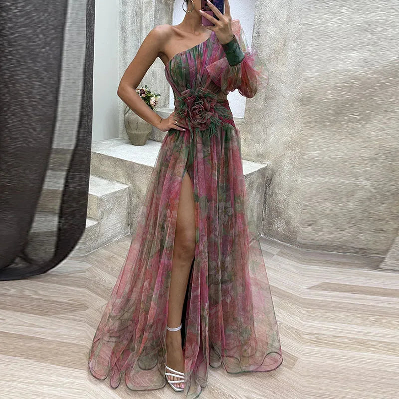 Floral One Shoulder Cut Out High Split Maxi Gown 2