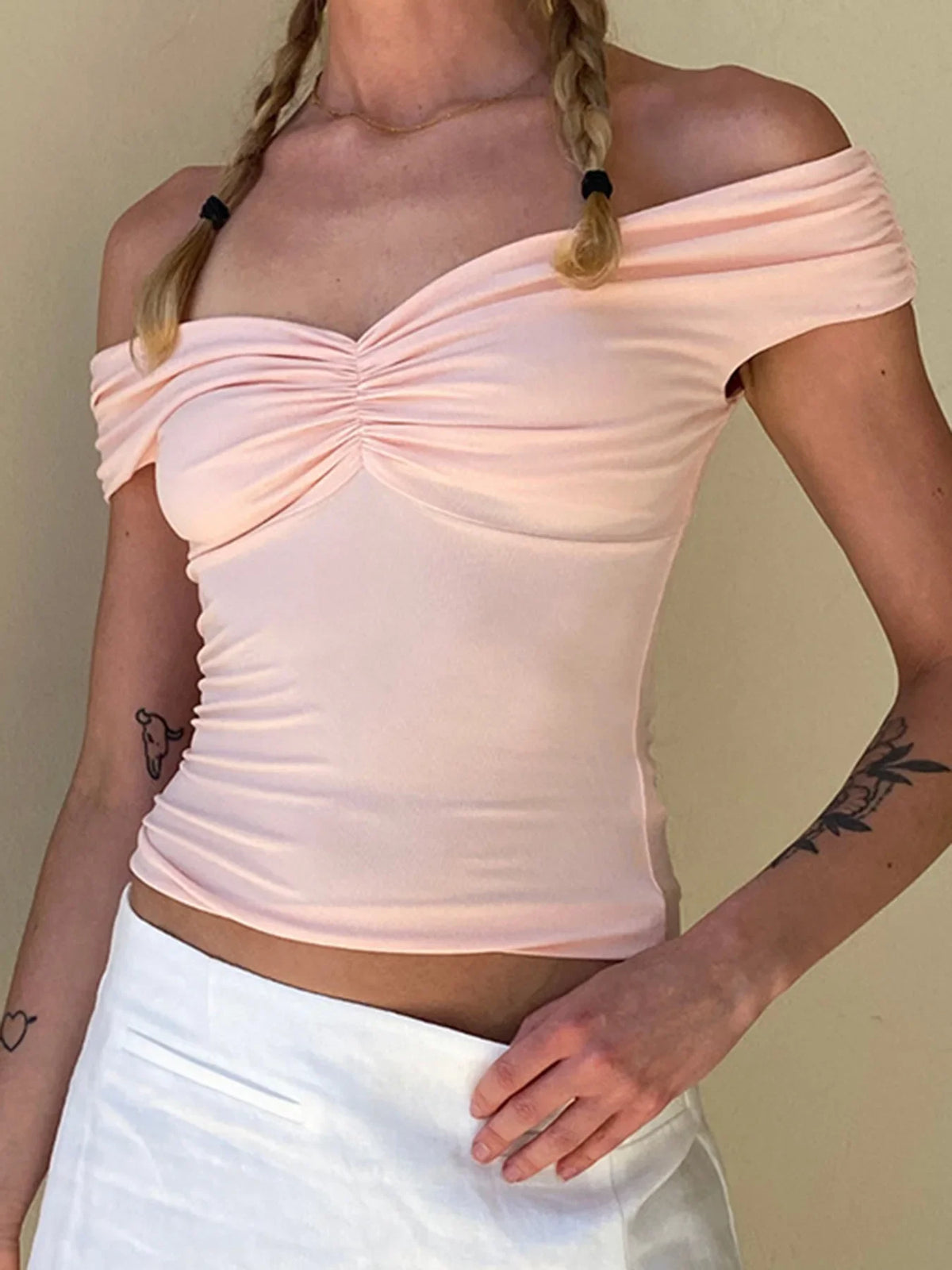 Off Shoulder Ruched V-Neck Cropped Tee Crop Top