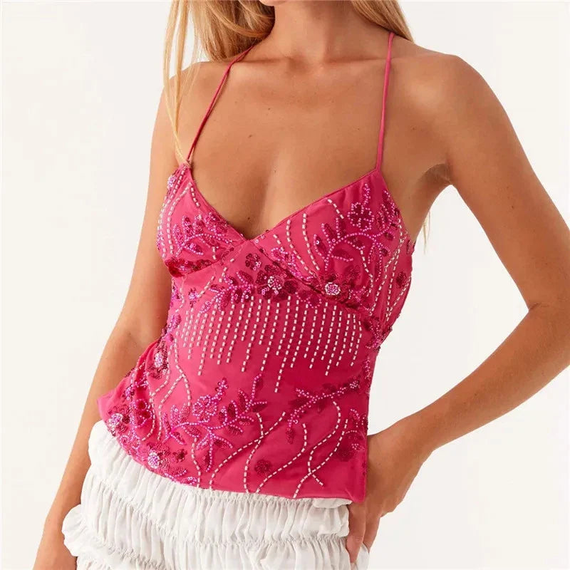 Sequin Beaded Backless Boho Halter Cami Top - Fashionpara