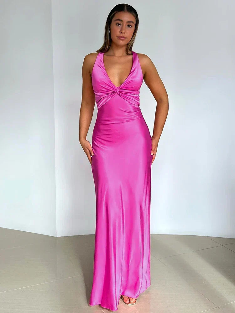 V Neck Sleeveless Satin Bow Backless Maxi Dress - View 4