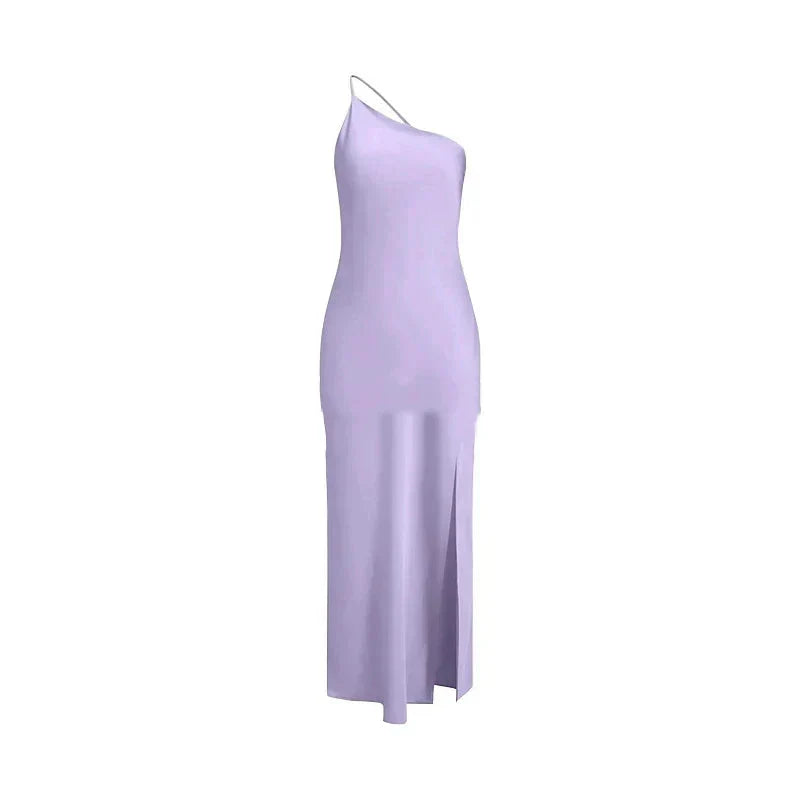 Backless Satin Slant Shoulder Solid Slit Long Dress - View 22