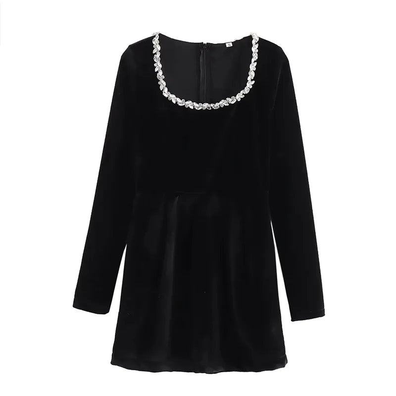Black Rhinestone Velvet Mini Dress - View 5