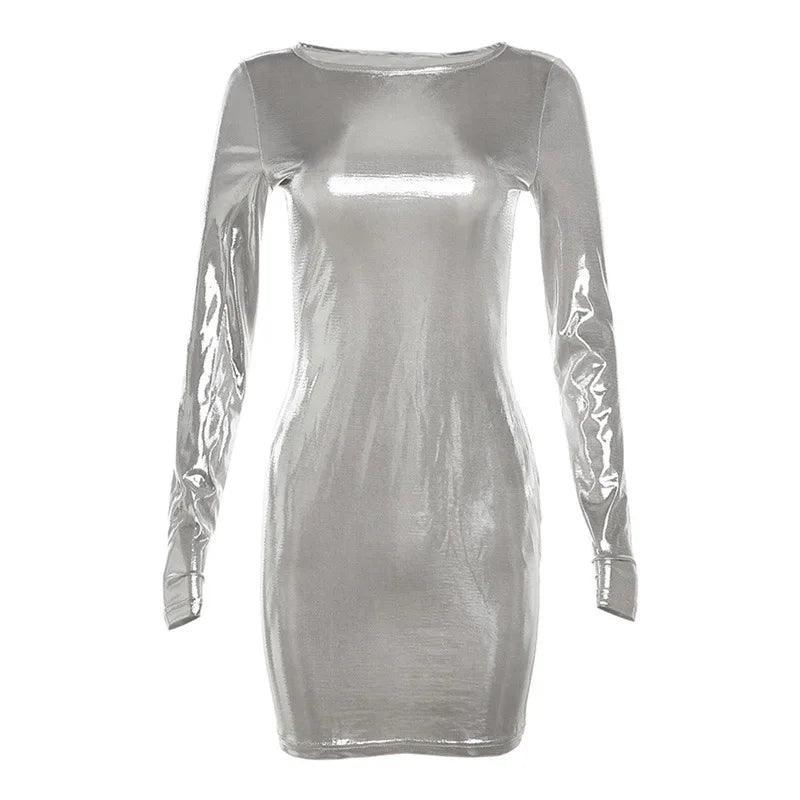 Metallic Crew-Neck Long-Sleeve Bodycon Mini Dress 3