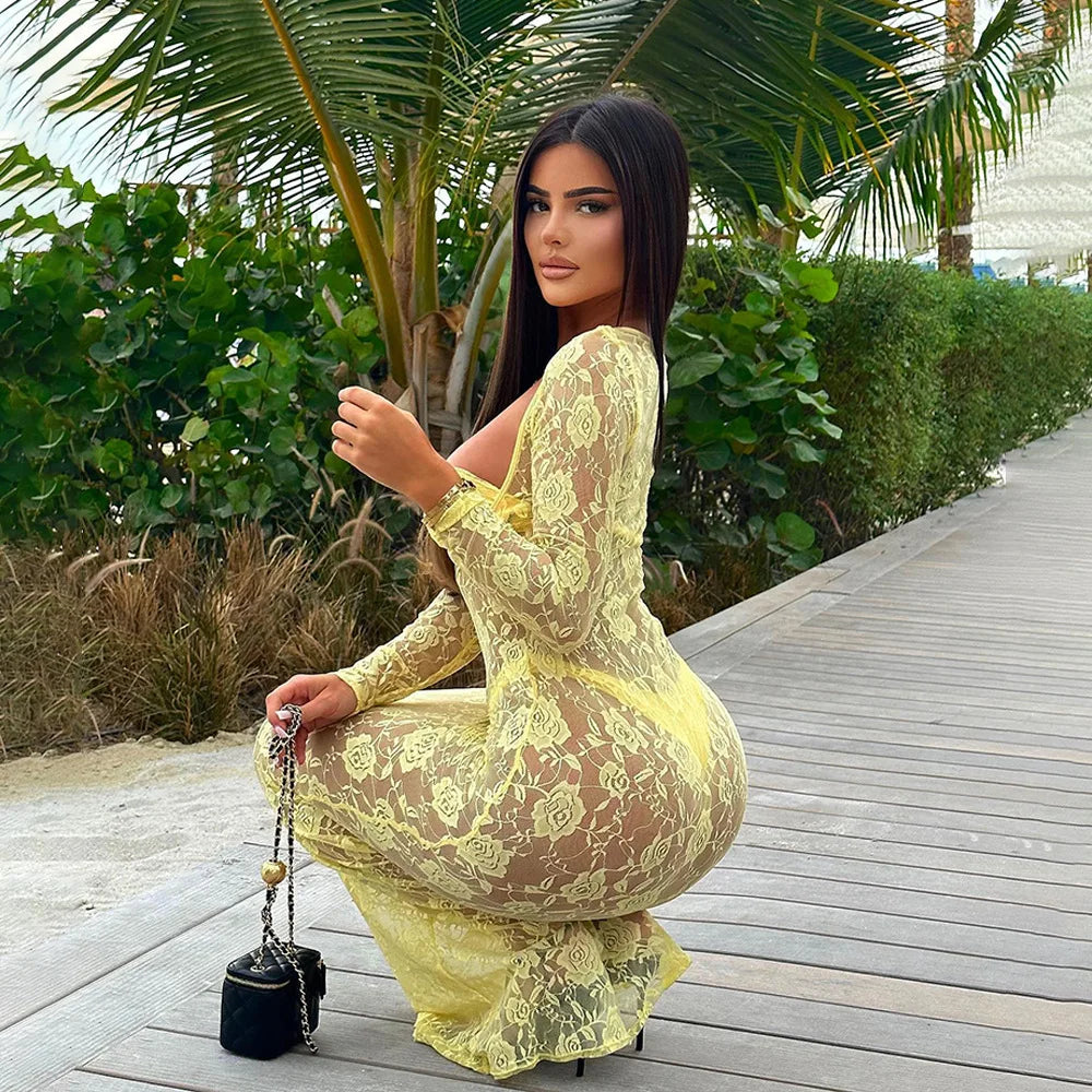 Perspective Lace Hollow Out Bodycon Maxi Dress - View 13