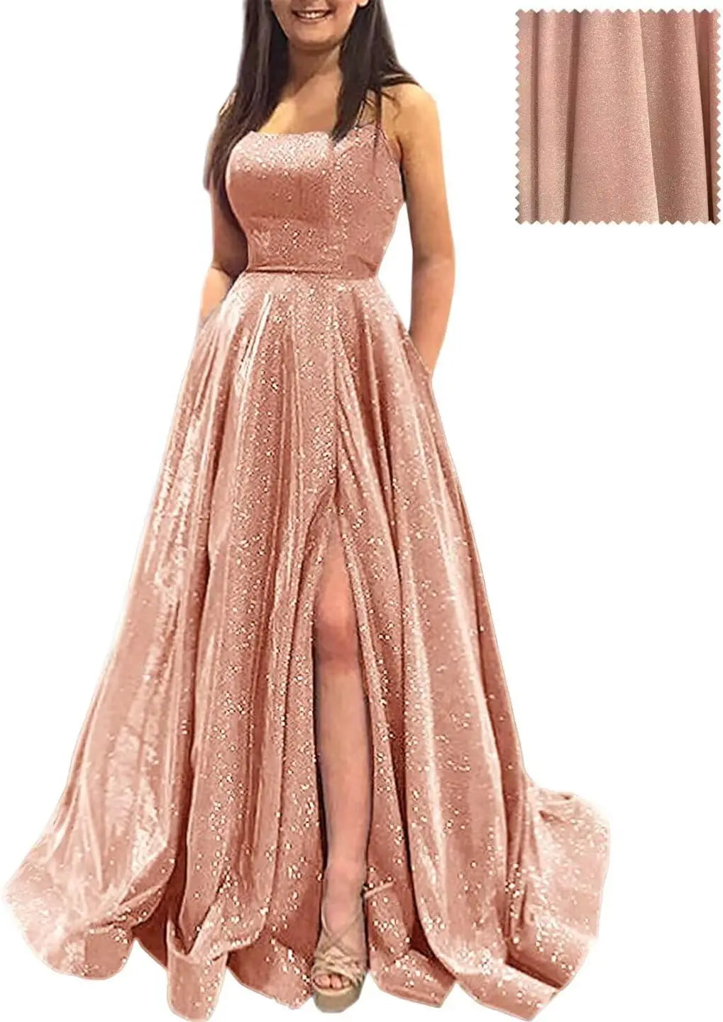 Elegant A-Line Formal Evening Gown with Pockets and Glitter - Fashionpara
