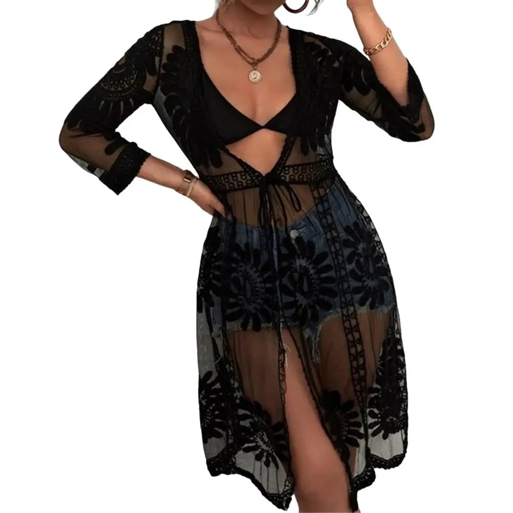 Sleeve Lace-up Embroidery Bikini Cover Up