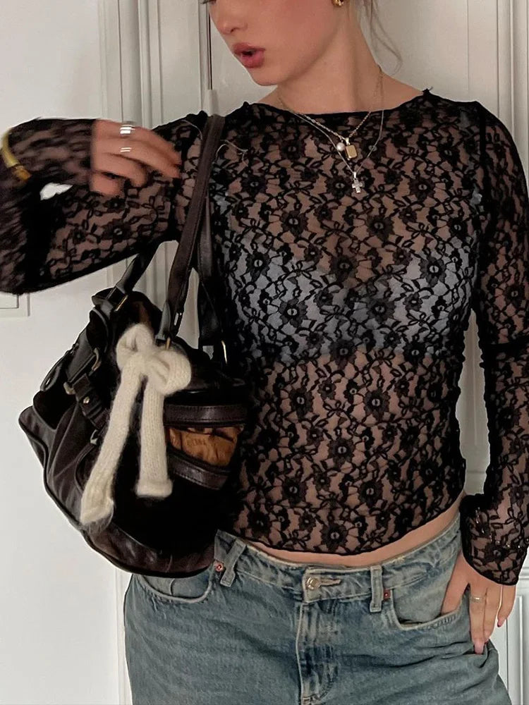Floral Print Mesh O-Neck Long Sleeve Sheer Top