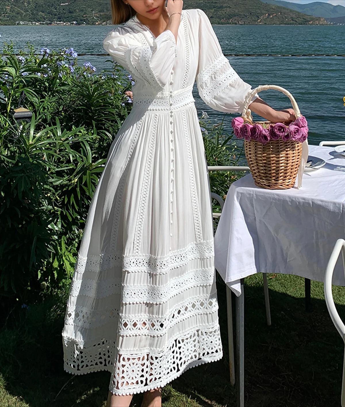 Vintage V-neck Cotton Floral Lace Boho Dress