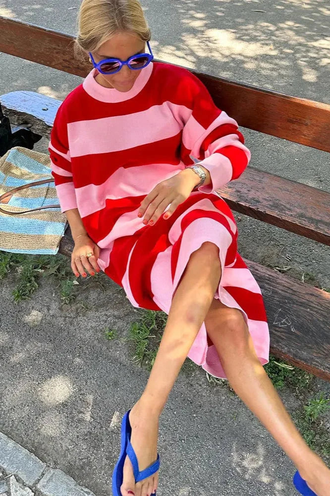 Striped Knit Crew Neck Long Sleeve Oversized Midi Dress