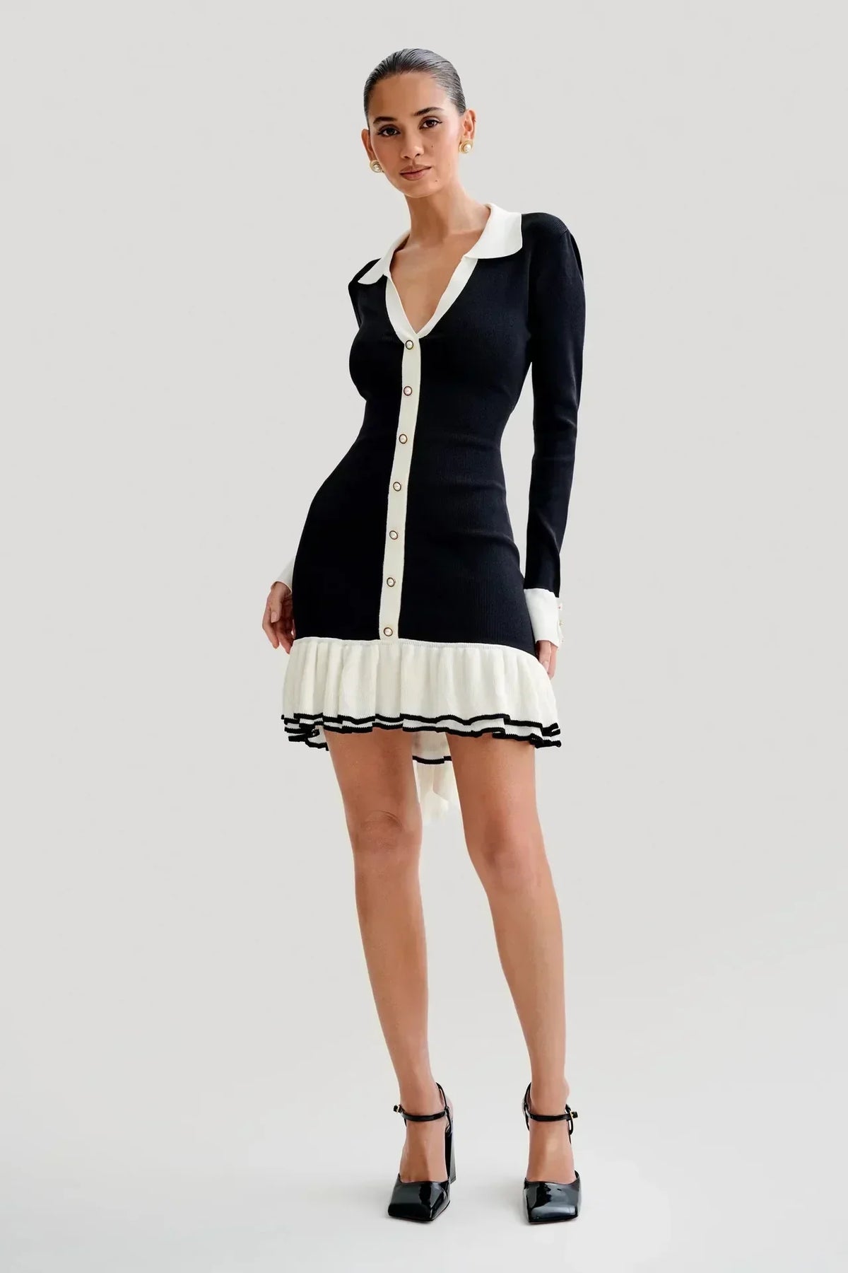 Ruffled Contrast Bow Open Back Lace - Up Knit Mini Dress - View 9