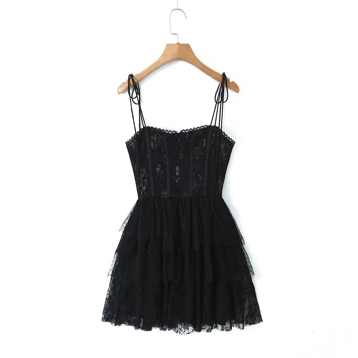 Mesh Bow Lacing up Black Mini Dress - View 5