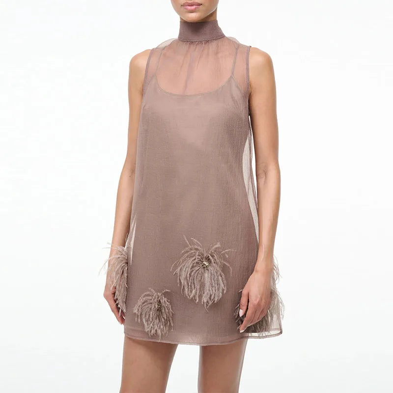 Elegant A-Line Feather Mesh Splicing Mini Dress for Women