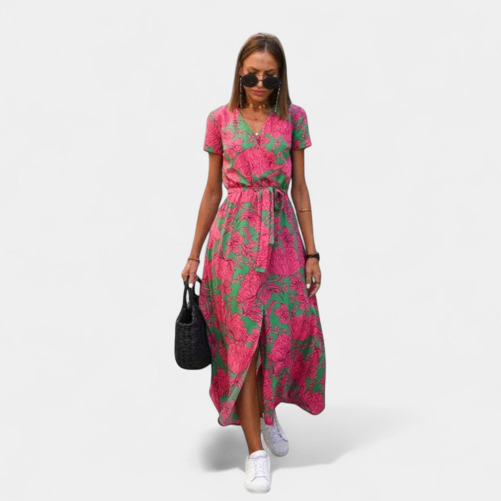 Floral V-Neck Short Sleeve Belted Wrap High Low Midi Dress 2
