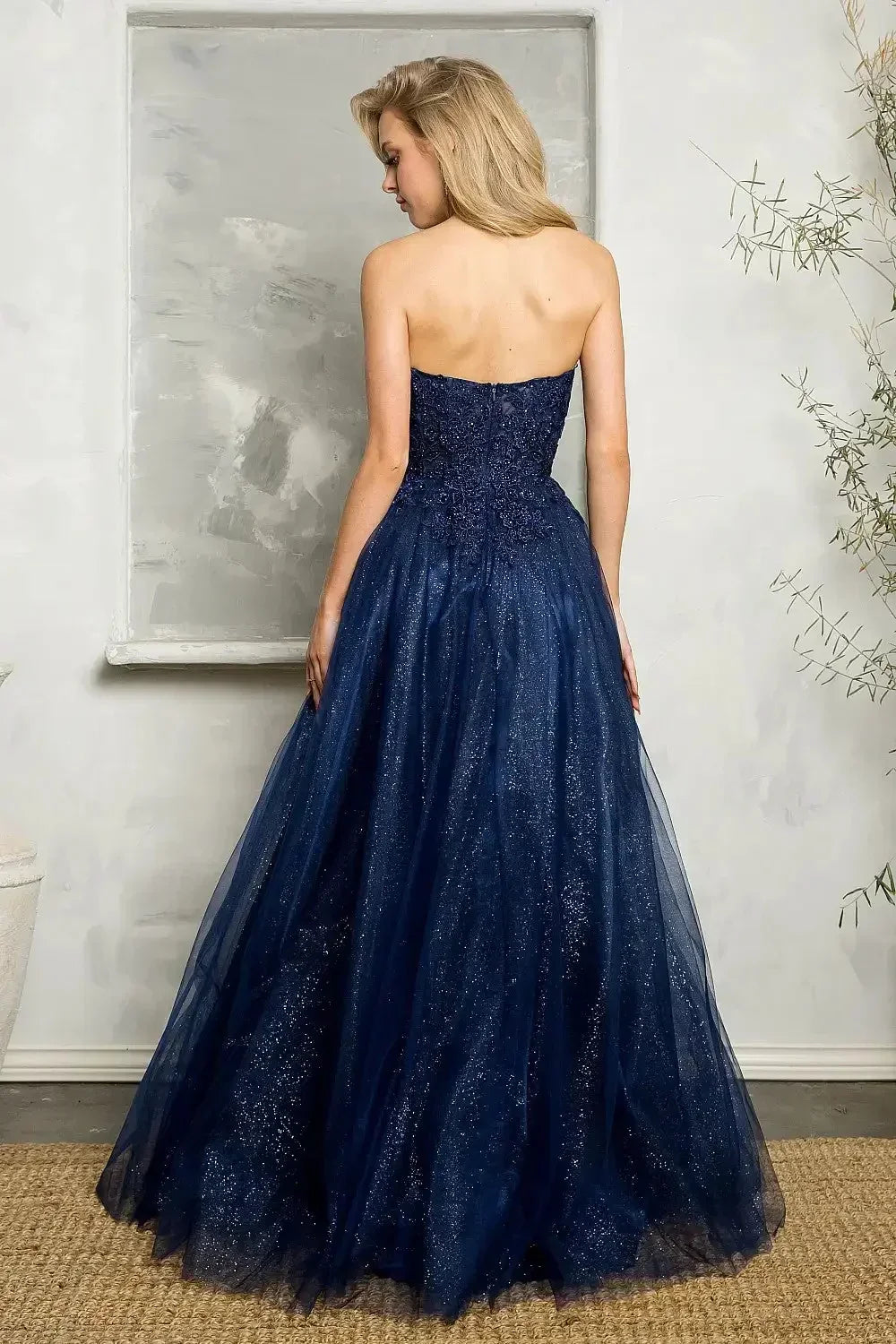 Navy Blue Lace Tulle Prom Dress